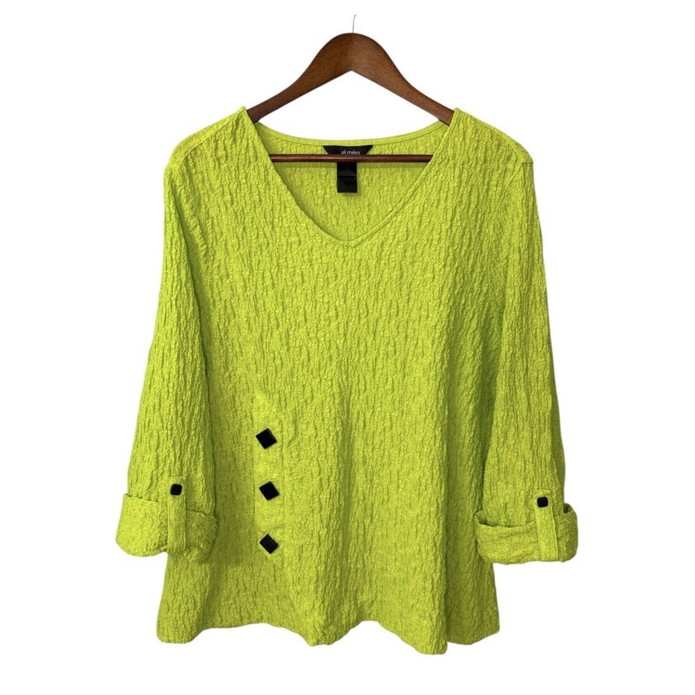 Ali Miles blouse women's 1X chartreuse textured art colorful boho lagenlook